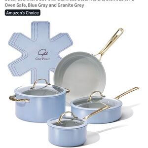 Blue Cookware Set with Gold Handles